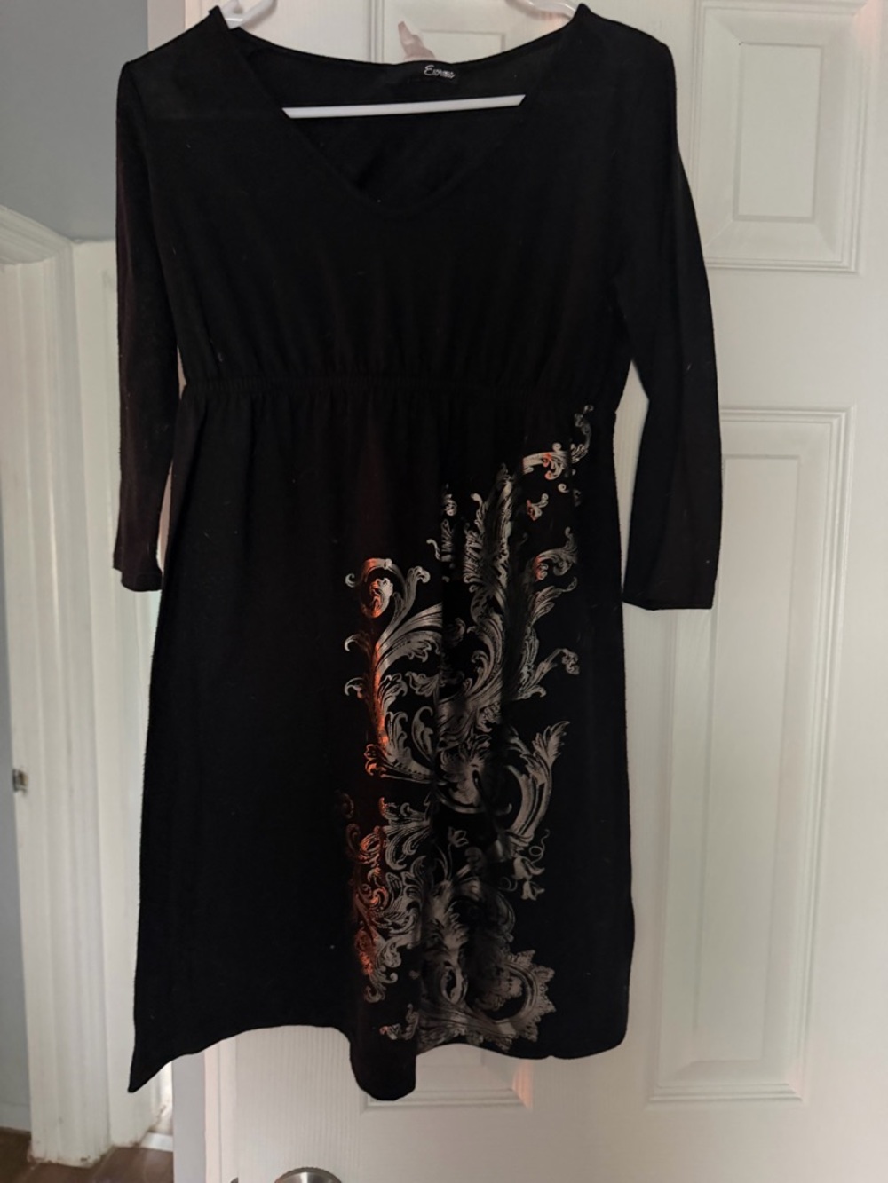 Express Black Long-Sleeve Dress with Silver and Brown Scroll Print